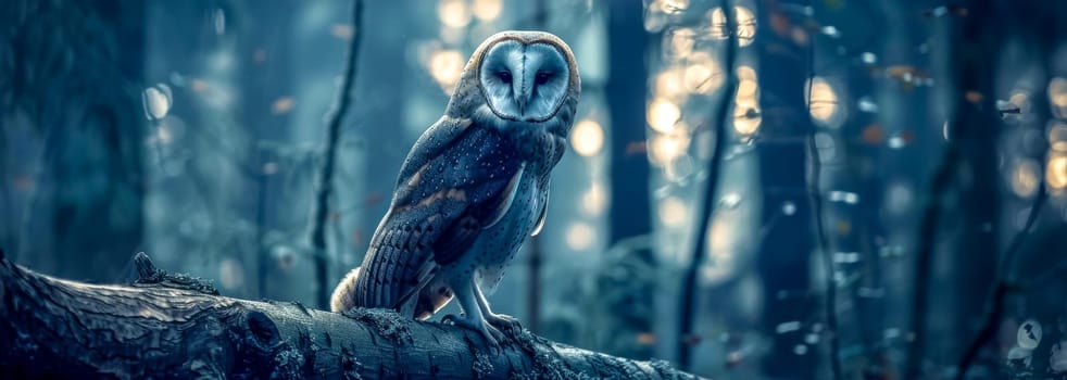 A serene owl perched on a tree branch in a misty, twilight forest