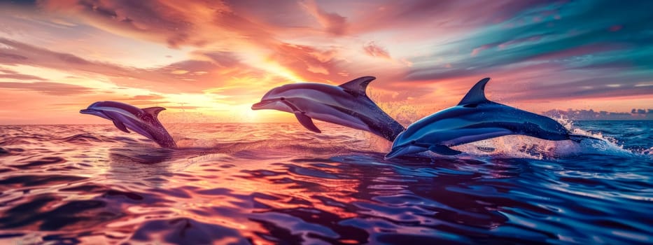 Trio of dolphins is captured mid-jump above the ocean waves at sunset, with vibrant sky colors