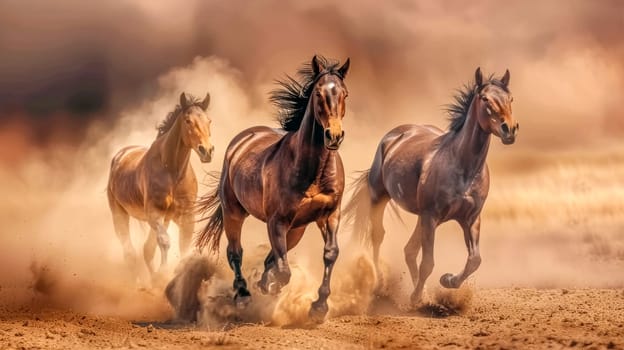 Dynamic image capturing the powerful movement of three horses in a dusty, sunlit setting