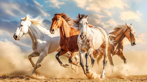 Gorgeous herd of majestic horses galloping freely in the wild, showcasing their energy and power as they run through the beautiful natural landscape under the clear, sunlit sky