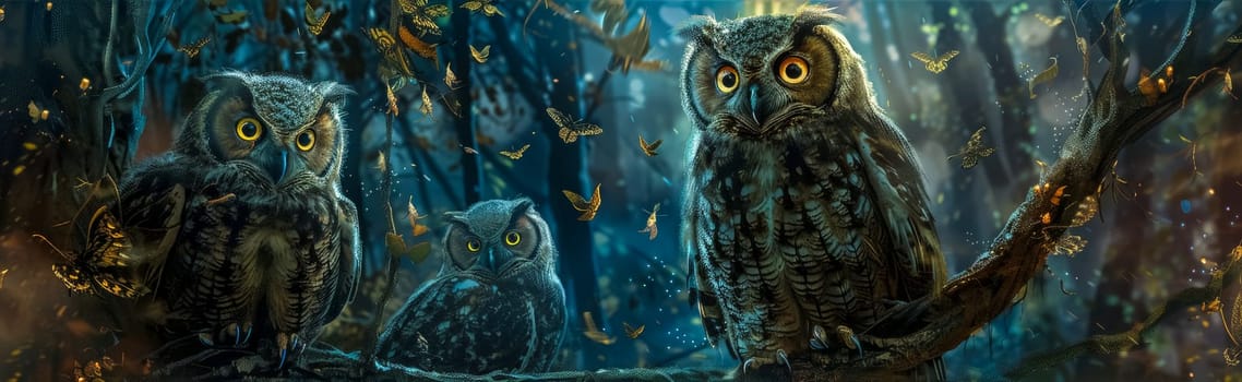 Three mystical owls perched in a magical nighttime forest with fluttering butterflies