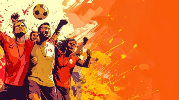 Dynamic illustration of diverse soccer players celebrating a win with vibrant colors