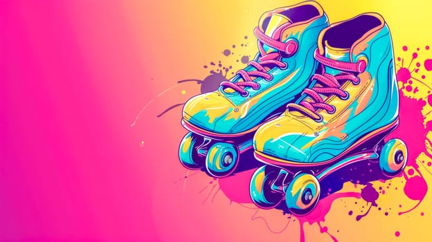 Colorful illustration of vintage roller skates with splashes on a neon pink backdrop