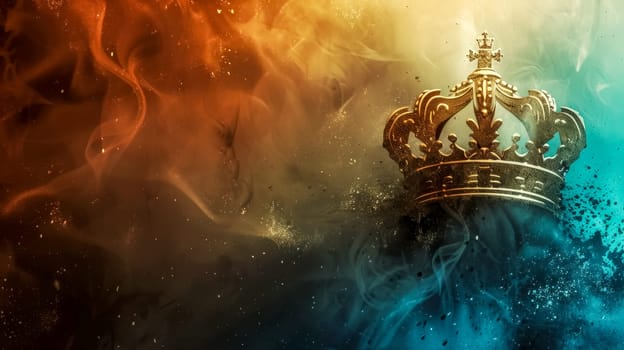 Ornate golden crown is shrouded in colorful smoke, creating a magical atmosphere