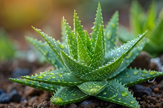 Closeup of a houseplant aloe vera with water drops on its spiky leaves. This terrestrial plant belongs to the flowering plant family and is known for its soothing properties