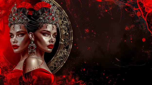 Artistic and elegant gothic queens in red with regal makeup and dramatic fashion, portraying a mysterious and symmetrical allure