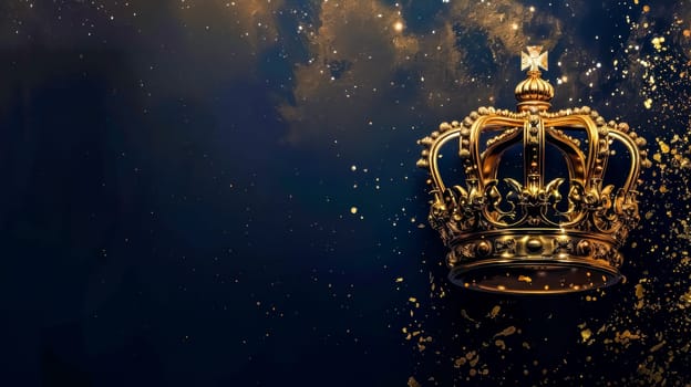Royal golden crown floating amidst glittering particles in a mystical dark ambiance