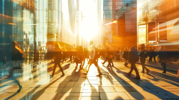 Commuters crossing an urban street bathed in warm sunset light