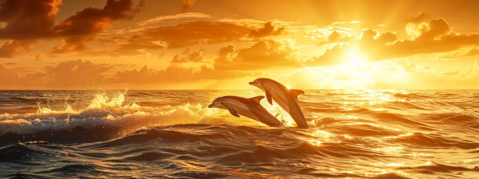 Dolphins joyfully leaping and splashing in the golden hour sunlight during a beautiful sunset over the vibrant colors of the ocean