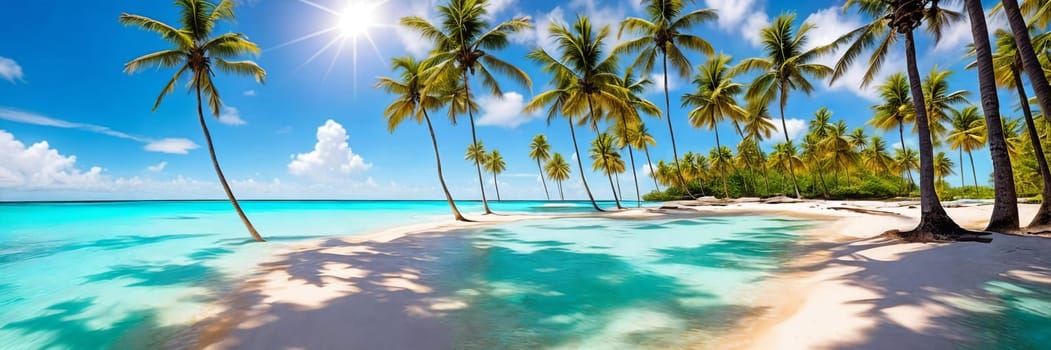 Tropical paradise of a pristine beach, with crystal-clear turquoise waters and palm trees swaying gently in the breeze