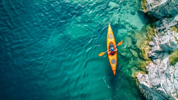 Top-down shot of an individual kayaking in clear turquoise waters alongside a rugged coastline