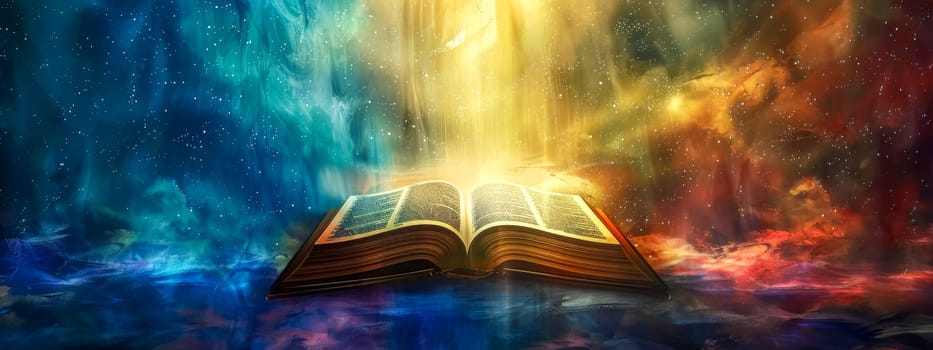 Open book radiates magical light against a mystical space-like backdrop
