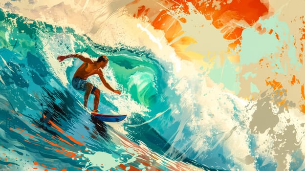 Experience the vibrant and dynamic surfing adventure with an artistic and colorful digital illustration capturing the extreme sports action in the tropical ocean