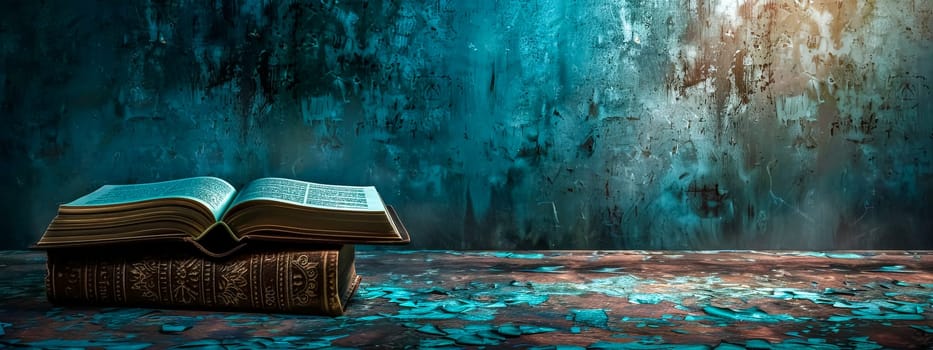 An open antique book on a weathered table against a textured blue backdrop