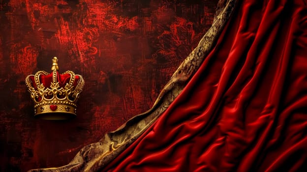 Luxurious gold crown with jewels on a draped red velvet backdrop with vintage patterns