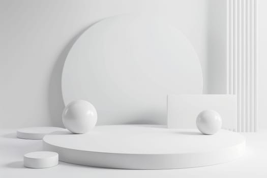 3D render of a minimalist circular podium, surrounded by floating geometric shapes, soft white background by AI generated image.