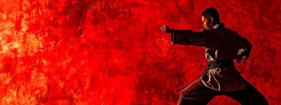 Silhouette of a martial artist performing a strike in front of a vivid red backdrop