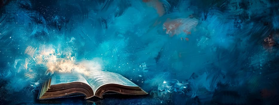Open book radiates mystic blue light and energy on a dark background