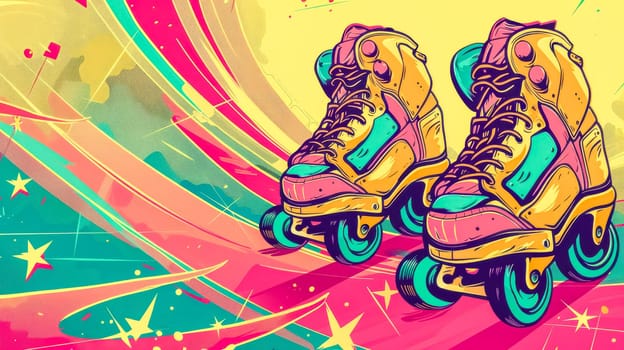 Vintage-style roller skates on a vibrant neon-lit retro background with stars and stripes