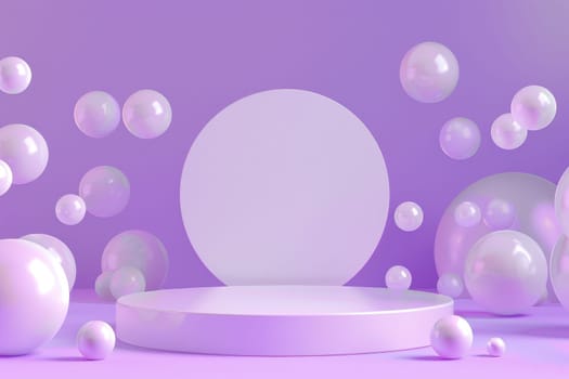 3D render of a minimalist circular podium, surrounded by floating geometric shapes, soft purple background by AI generated image.