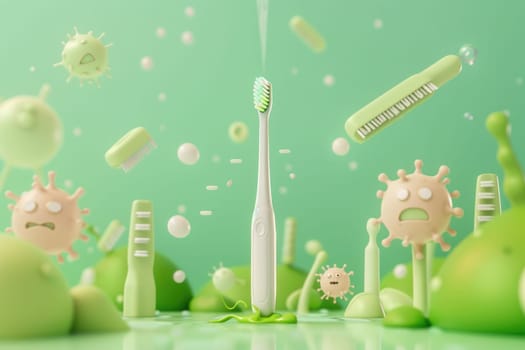 A minimalist 3D scene featuring a charming toothbrush heroically escaping a horde of cartoon germs. by AI generated image.