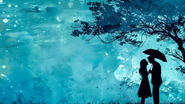 Artistic silhouette of a couple standing with umbrellas under a tree with a blue textured background