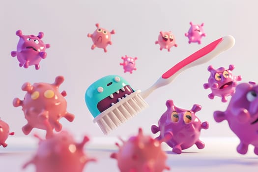 A minimalist 3D scene featuring a charming toothbrush heroically escaping a horde of cartoon. by AI generated image.