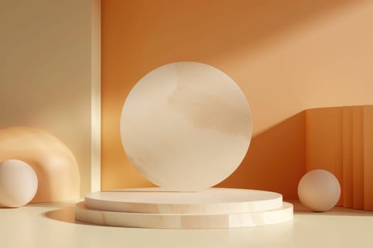 3D render of a minimalist circular podium, surrounded by floating geometric shapes, soft orange background by AI generated image.