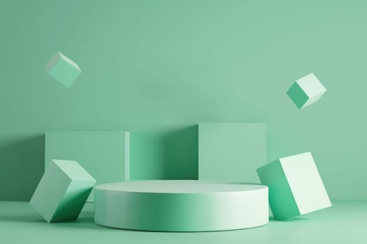 3D render of a minimalist circular podium, surrounded by floating geometric shapes, soft green background by AI generated image.