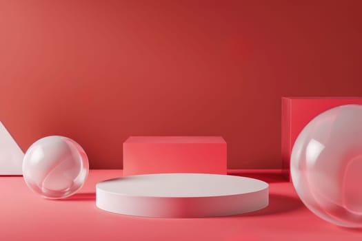 3D render of a minimalist circular podium, surrounded by floating geometric shapes, soft red background by AI generated image.
