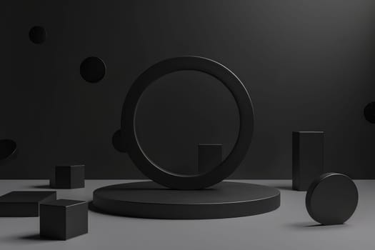 3D render of a minimalist circular podium, surrounded by floating geometric shapes, soft black background by AI generated image.