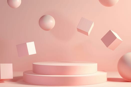 3D render of a minimalist circular podium, surrounded by floating geometric shapes, soft pink background by AI generated image.