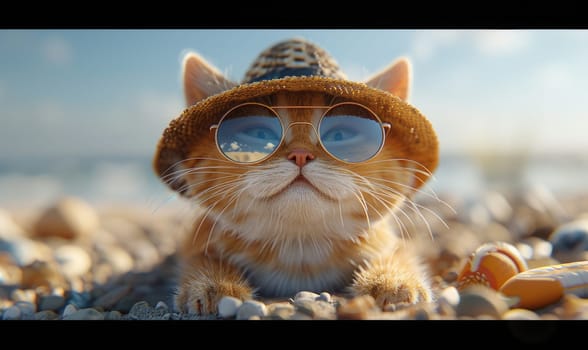 A cute 3D cartoon cat wearing sunglasses and a sun hat is chilling on the sandy beach enjoying the summer vibes. by AI generated image.