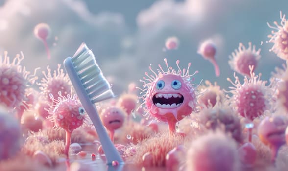 A minimalist 3D scene featuring a charming toothbrush heroically escaping a horde of cartoon. by AI generated image.