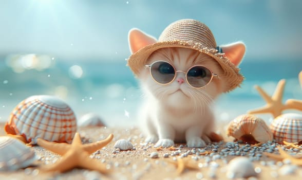 A cute 3D cartoon cat wearing sunglasses and a sun hat is chilling on the sandy beach enjoying the summer vibes. by AI generated image.