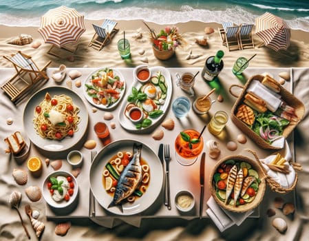 Top-down view of a seaside lunch, featuring seafood pasta, grilled fish, Caprese salad, and Aperol Spritz, set on a sandy beach with ocean views. High quality illustration