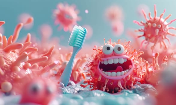 A minimalist 3D scene featuring a charming toothbrush heroically escaping a horde of cartoon. by AI generated image.