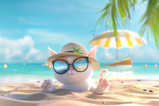 A cute 3D cartoon cat wearing sunglasses and a sun hat is chilling on the sandy beach enjoying the summer vibes. by AI generated image.