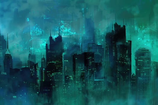 The city skyline is shown in blue and green. The buildings were tall and the sky was dark. by AI generated image.