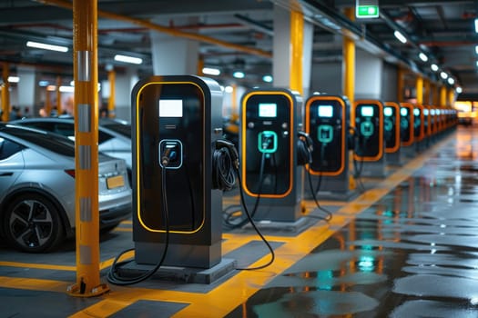 Electric vehicle charging station for charging EV batteries. Plugs for electric vehicles. EV charger. by AI generated image.