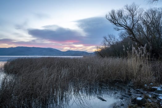 Panoramic image of Laacher lake during morning hours, Eifel, Rhineland-Palatinate, Germany