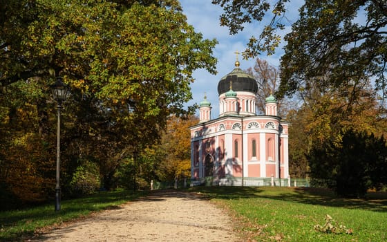 Historic buildings in downtown Potsdam against blue sky, Brandenburg, Germany