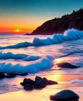 Coastal Charm. Rugged beauty of a coastline at sunset, capturing the intricate patterns of rocks and shells washed by the gentle waves under the warm, golden light.