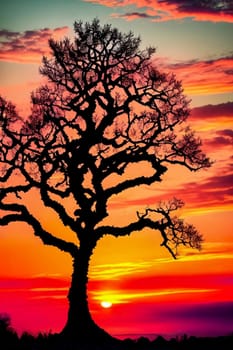 Silhouetted Silhouettes. Alone tree against the vibrant sunset sky, emphasizing its intricate branches and leaves in shadowy contrast against the colorful backdrop.