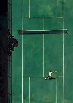 An aerial view through a window reveals a person playing tennis on a green court. The rectangle court is lined with vibrant flooring, tinted shades, and symmetric facade