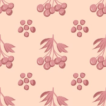 Hand drawn seamless pattern with berry floral branches, peach fuzz blush berries blue flowers on beige background. Retro vintage garden autumn fall design, botanical print in warm neutral faded colors