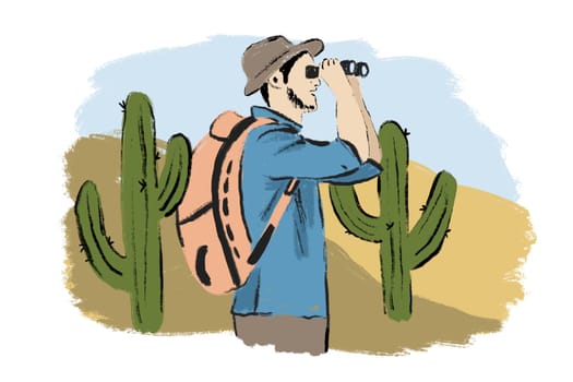 Hand drawn illustration of man with binoculars rucksack backpack. Desert landscape cactus watching exploring landscape, young travel vacation outdoor camping tourism adventure wild life