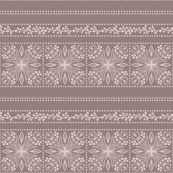 Hand drawn seamless pattern with bandana oriental ethnic elements beige grey background. Elegant pastekl leaves berries, traditional decorative headscarf western ornament