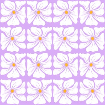 Hand drawn seamless pattern with white mid century modern daisy flowers on purplebackground. Retro vintage floral print with red blobs, hippie bloom blossom nature design, warm pastel color