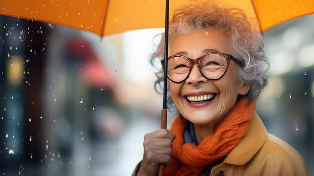Fashionable happy Asian smiling senior woman wearing peach scarf and pink umbrella, wearing glasses, portrait on city street, space for text,Generated AI